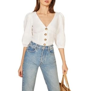 Reformation Anton Balloon Sleeve Linen Blouse Top In White